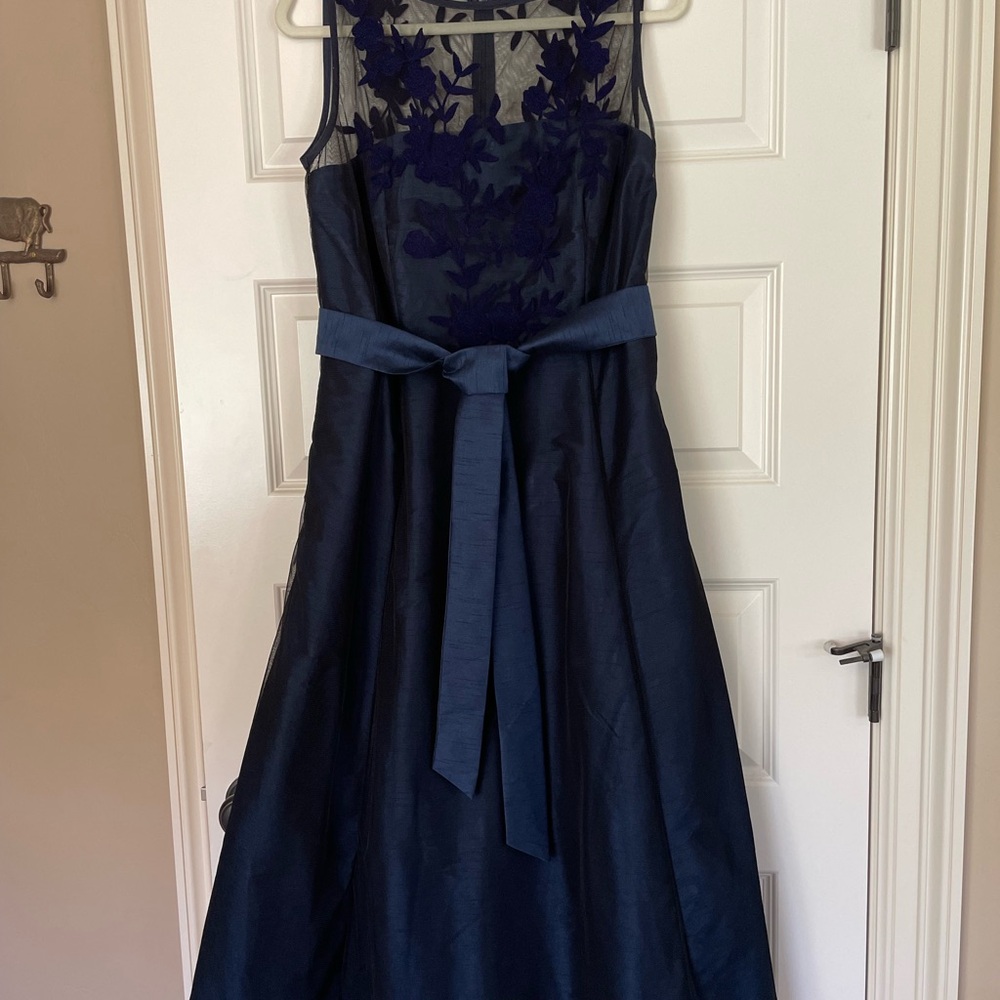 eShakti Navy Blue Midi Dress with Floral Lace